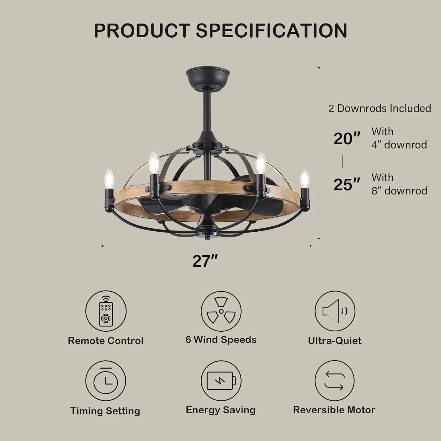 27'' Farmhouse Ceiling Fan with Light Remote Control,  Vintage Cage Chandelier Fan for Kitchen Dining Room Living Room