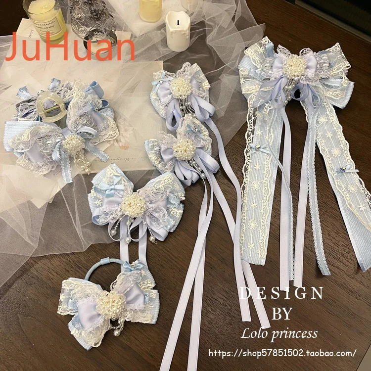 

Lolita Light Blue Hair Accessories Lace Bow Hairpin Cute Sweet Beaded Fringed Girl Hair Accessories Streamer Top Clip Edge Clip