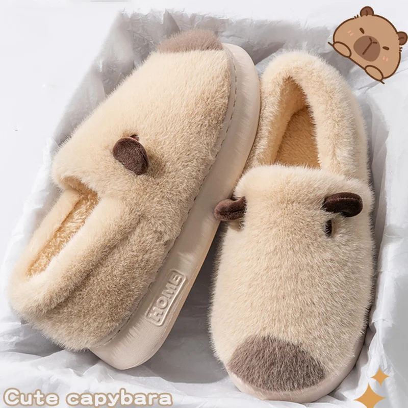 Cartoon Capibala Fluffy Slippers Women Comfortable Soft Sole Cotton Padded Shoes Woman Indoor Non Slip Warm Plush Slides Female