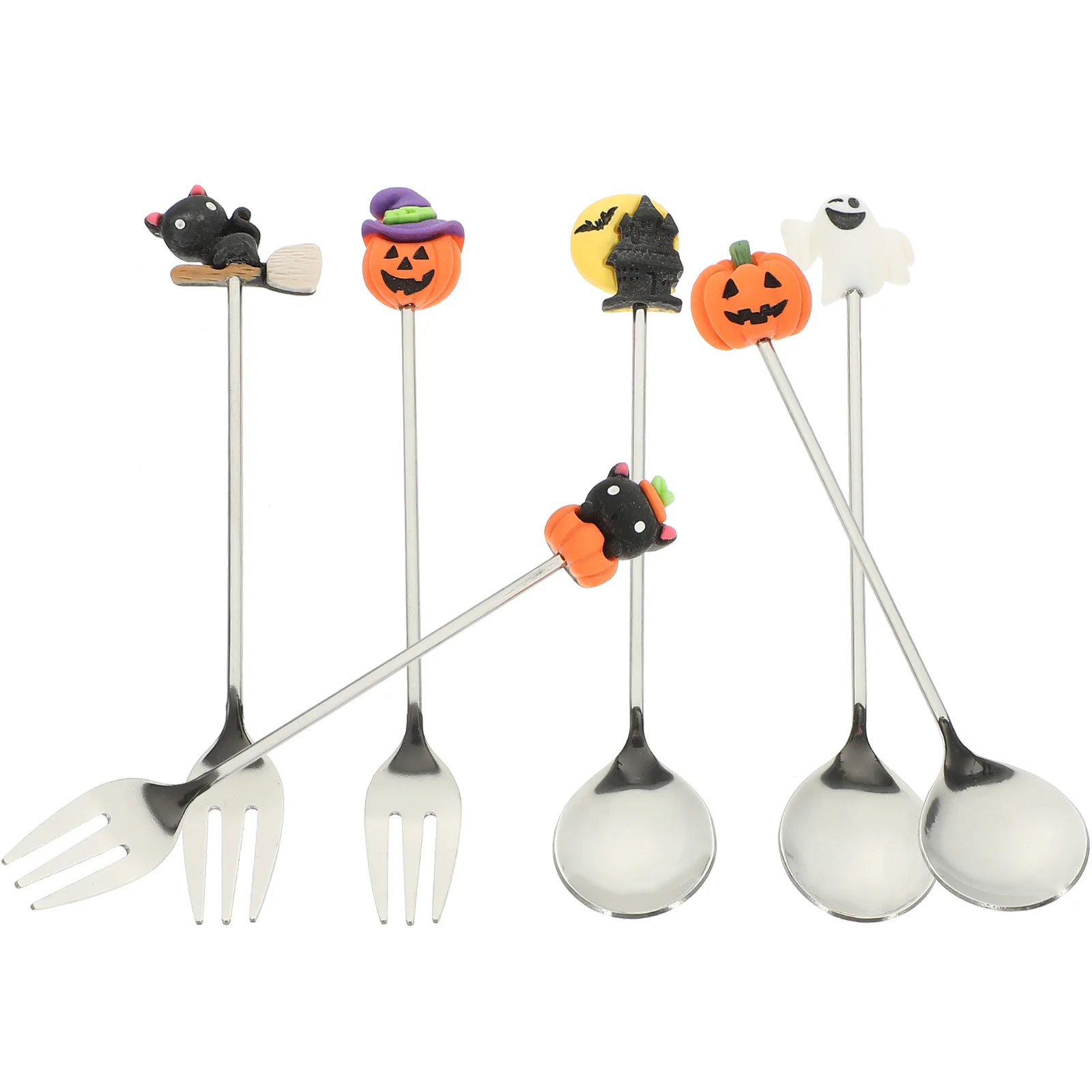 6pcs Cartoon Stainless Steel Dinnerware Set Halloween Pumpkin Ghost Castle Bat Black Cat Spoon Fork Kit Silver Easy Wash Safe