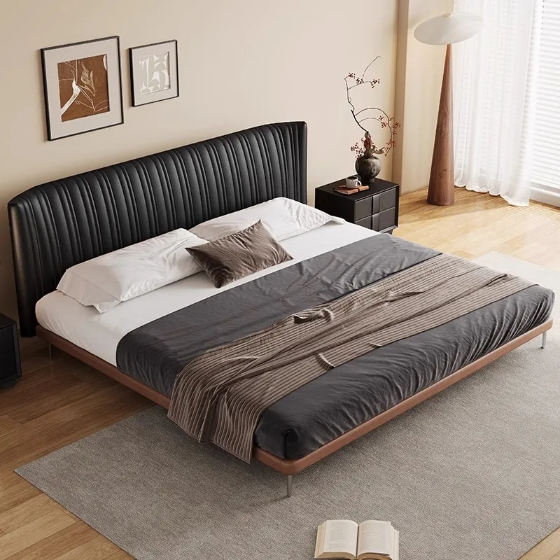 New and ancient style shell solid wood bed Italian minimalist double leather bed modern light luxury simple ultra-thin bedside b