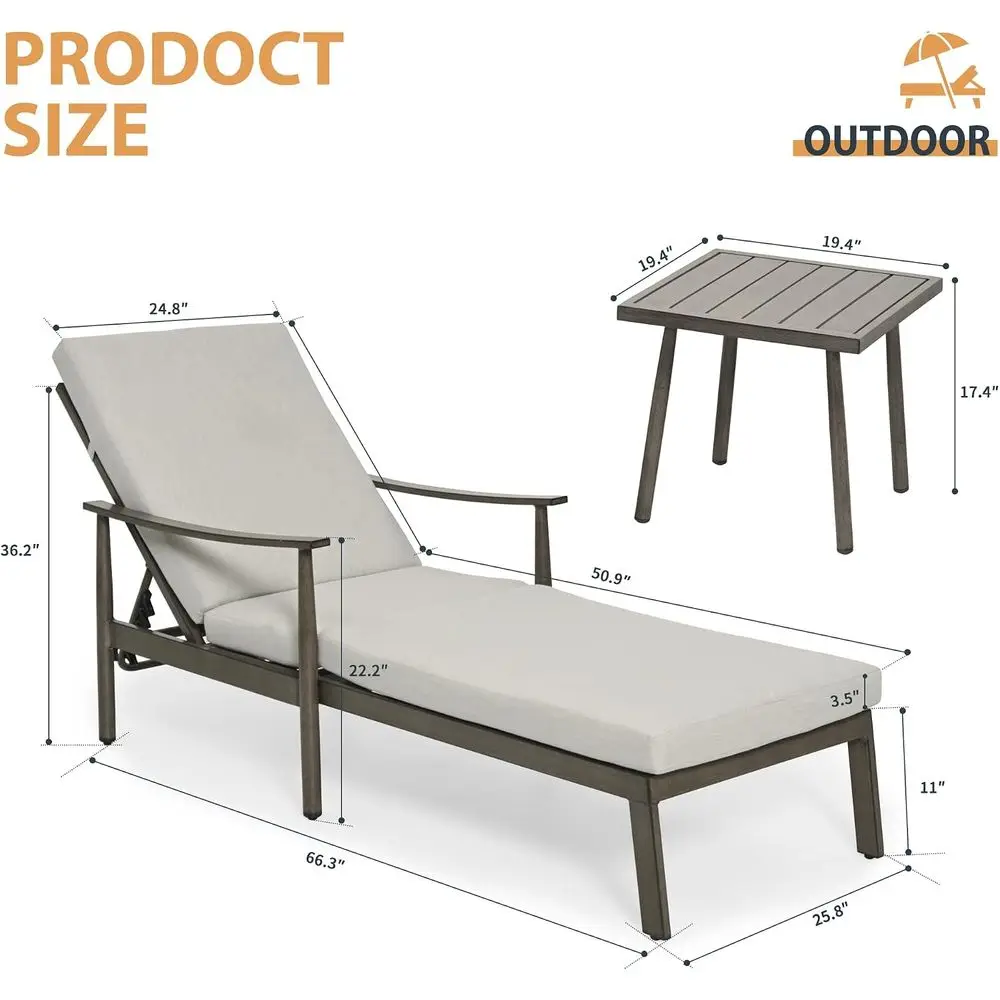 Adjustable Backrest Outdoor Lounge Chair with Cushion, Curved Armrest, and Side Table - Grey