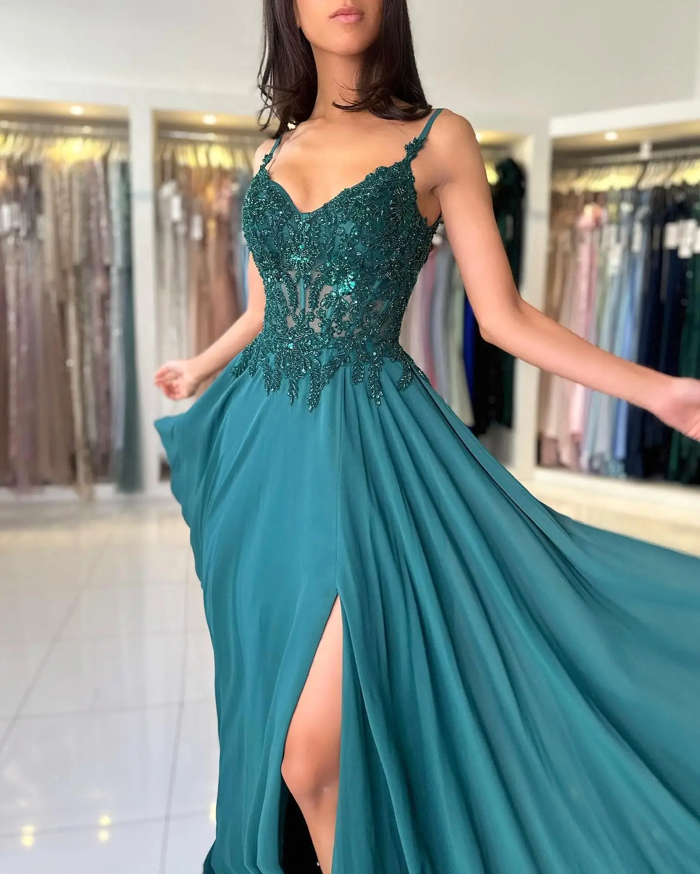 Sunnye 2024 Spaghetti Straps A-line Lace Evening Dress Green Chiffon Prom Gown Elegant Sweetheart Side Slit vestidos de fiesta