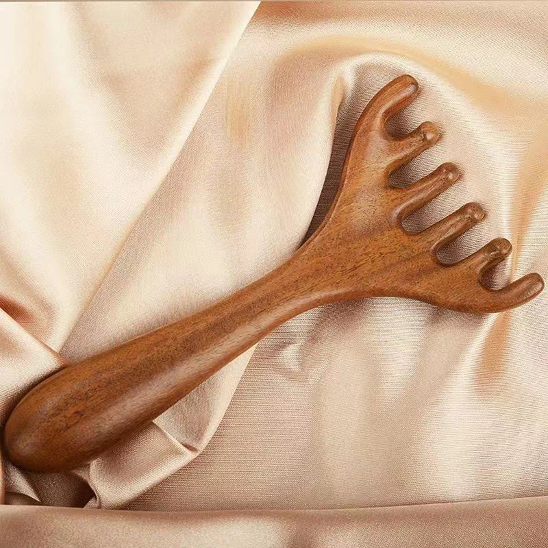 Natural Wooden Wide Tooth Long Handle Comb Meridian Massage Anti-static Head Six Claw Massager Promote Blood Circulation