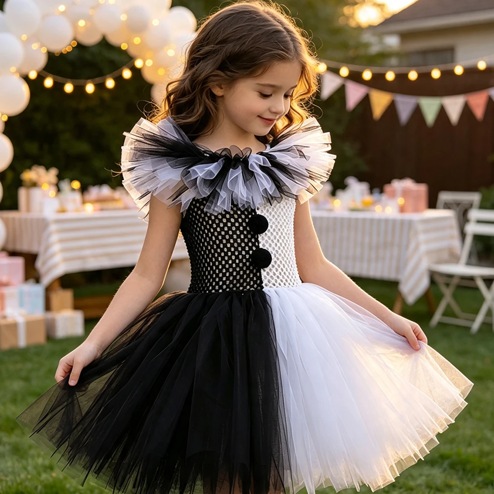 Mädchen Halloween Clown Kostüm Kleid Kinder Schwarz Weiß Gruseliger Clown Kleid mit Hut Socken Handschuhen Set Karneval Cosplay Party Outfit – Detail 11