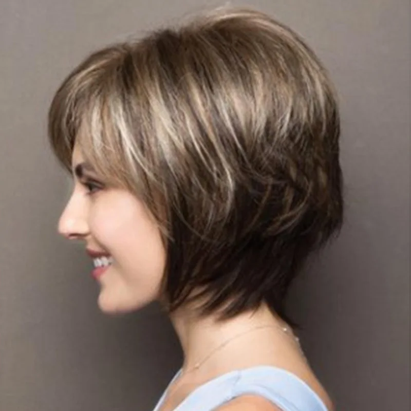 Damenmode-Perücke, trendige gemischte Farben, kurzes Haar, flauschige und realistische kurze glatte Haarperücke, flauschige Kurzhaarperücke.