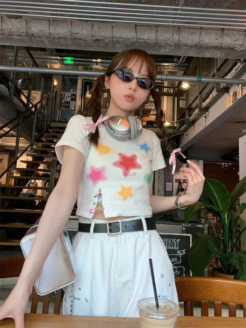 

Sweet Woman Tshirt Crop Tops Star Print Split Tees Fashion Summer Japanese T Shirt 2024 Ropa Mujer Y2k T-shirts Shirts for Women