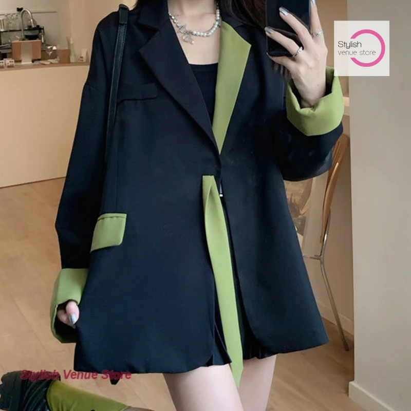 Koreanische Version der lockeren, schicken Freizeitanzugjacke Frühling und Herbst neue Mode Temperament Kontrastband lose lange Anzugjacke