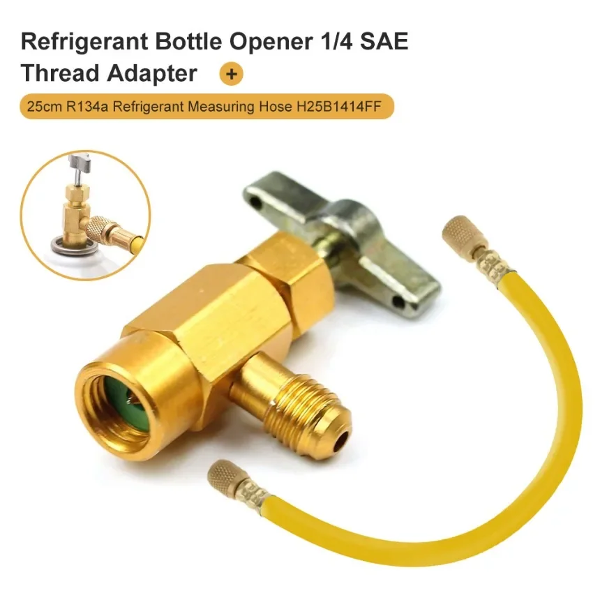 Refrigerant Bottle Opener 1/4 SAE Thread Adapter R-134a Opener Valve Tool Refueling Conditioning Tool Refrigerant Measuring Hose