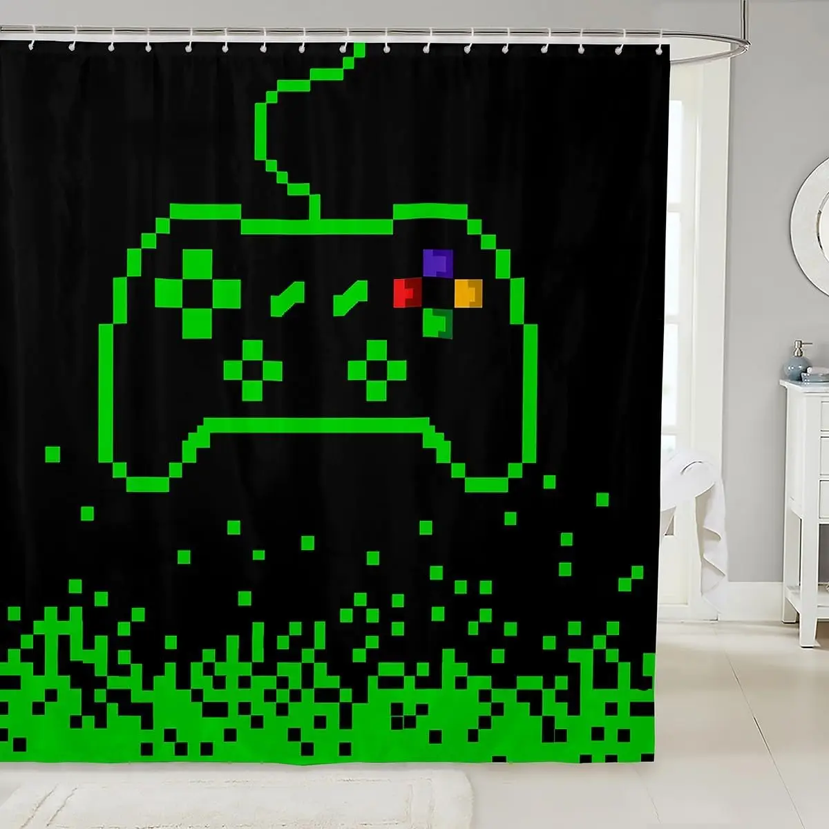 Pixel Game Block Shower Curtain, Neon Green Mining Style, Waterproof Boys Bathroom Decor with 12 Hooks for Kids, Boys and Teens