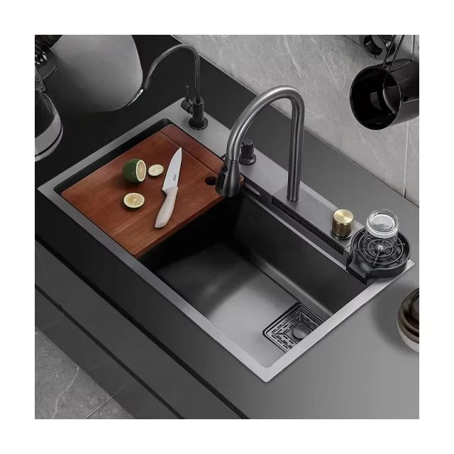 With Faucet Multi-Function Workstation New Fashionable Black  Stainless Steel Single Bowl Kitchen Sink