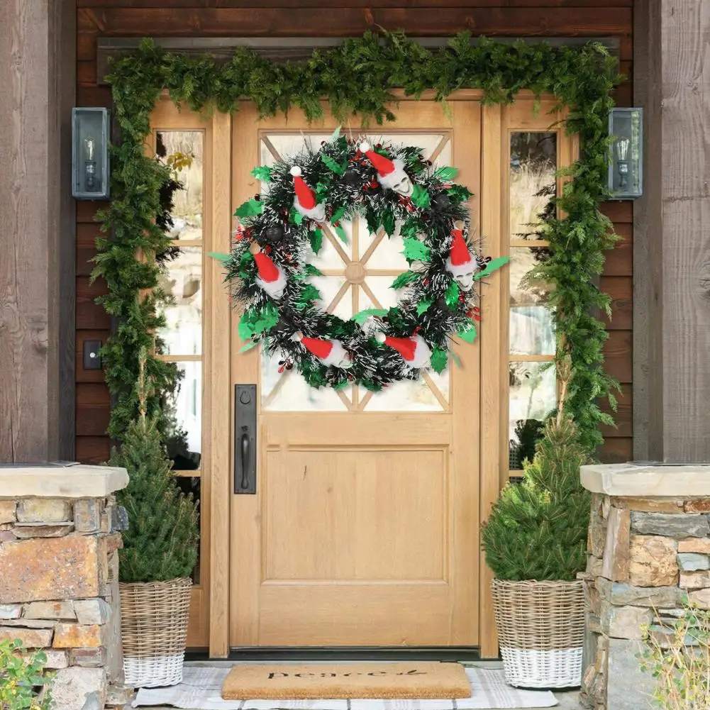 

Holiday Wreath Festive Christmas Wreaths for Front Door Windows Skull Hat Figure Xmas Decor Mini Green Tinsel Holiday Decoration
