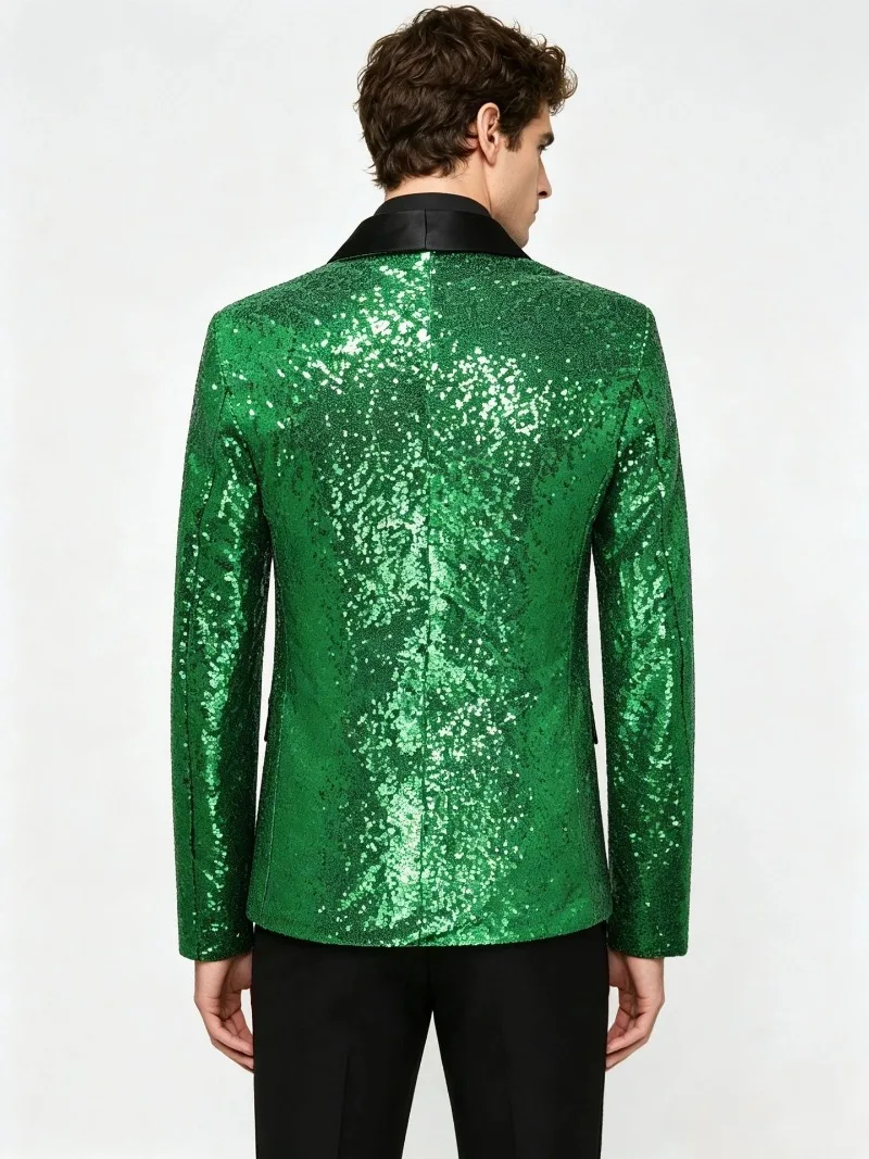 Herren Glänzende Pailletten-Jacke Schwarzer Satin-Revers Einknopf-Blazer Slim Fit Formeller Anzug Mantel für Party Hochzeit Bühnenauftritt Oberbekleidung – Detail 14