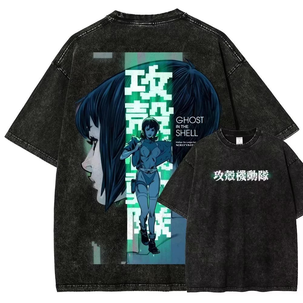 Ghost in The Shell Anime Vintage Washed Cotton T‑shirt Unisex Y2K Aesthetic Oversized Short Sleeve Summer Streetwear Casual Tops