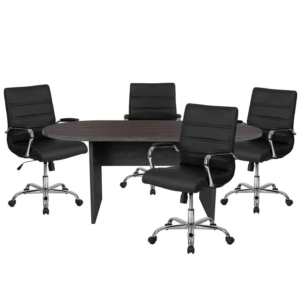 

5 Piece Rustic Gray Oval Conference Table Set with 4 Black and Chrome LeatherSoft Executive Chairs
