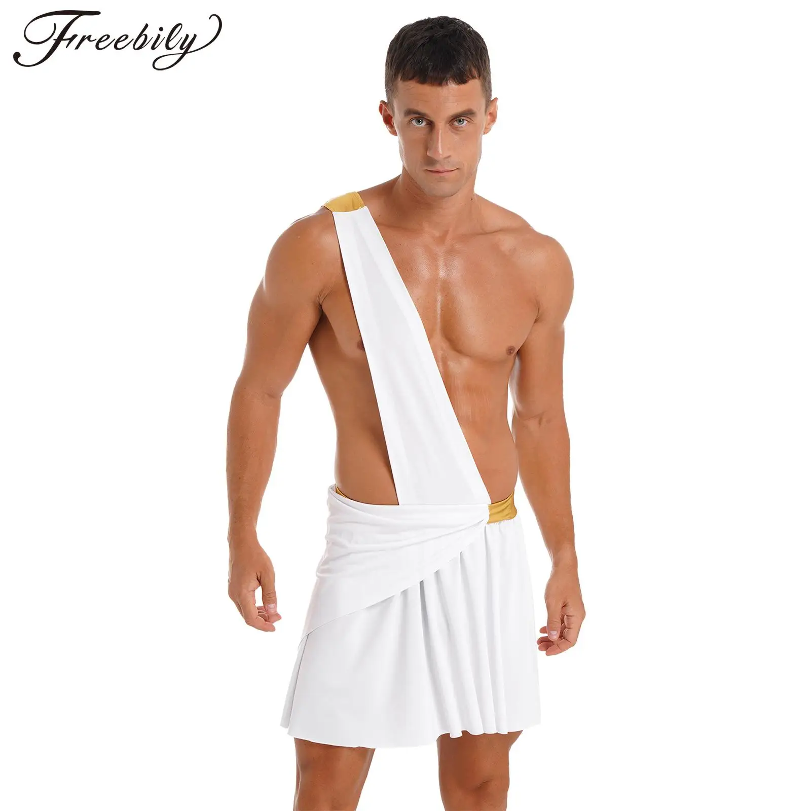 Mens Halloween Ancient Greece Roman Mythology Cosplay Costume One Shoulder Ruffle Skirt Theme Party Roleplay Performance Clothes