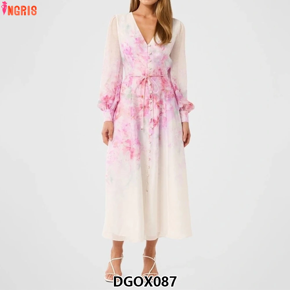 

Spring Summer Collection New Retro Printed Loose Skirt Dress Puff Sleeves V-Neck Floral Casual sexy clothes for women-DGOX087