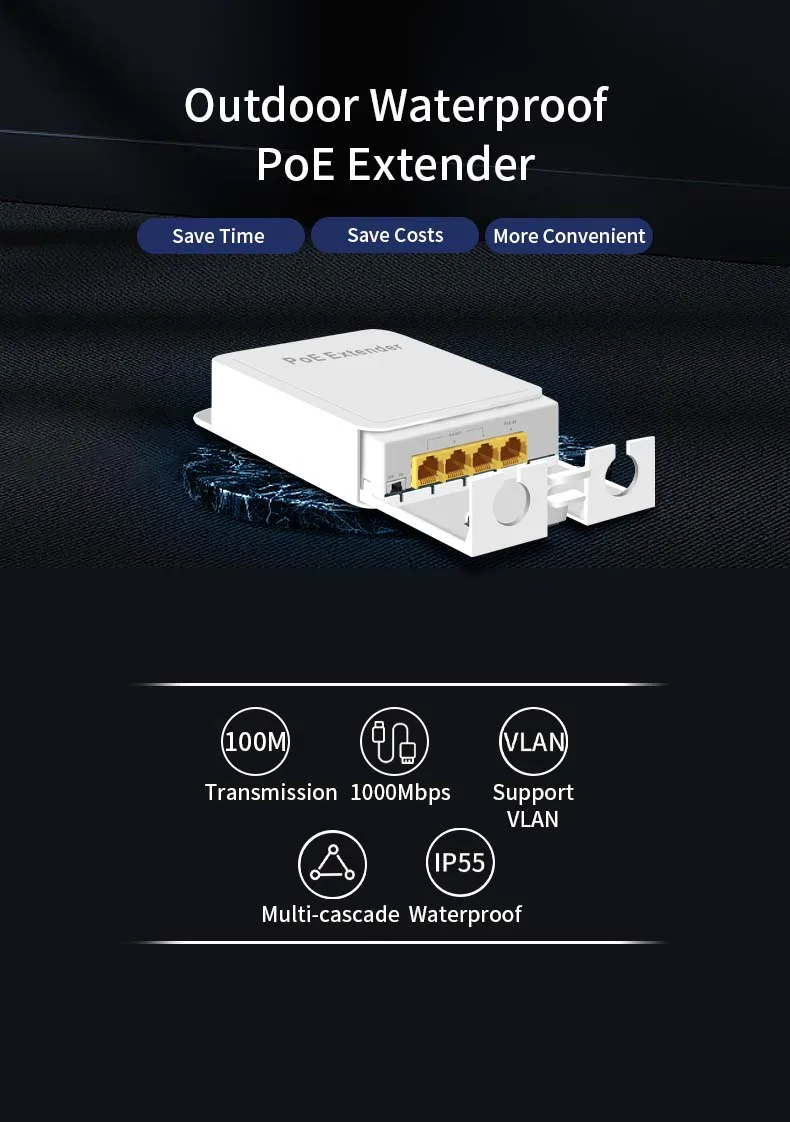 Hisource 4 Port IP55 Waterproof POE Repeater 100/1000Mbps 1 to 3 Network Switch PoE Extender for IP Camera