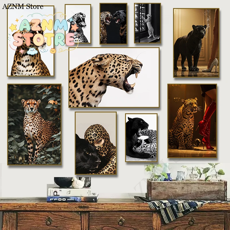 Cheetah Leopard Black Panther, with Jewelry Photography Poster Fashion Canvas Painting Print Wall Art for Living Room Home De
