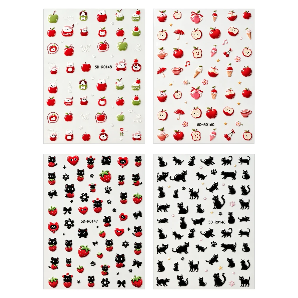 4Pcs 5D Red Apple Black Cat Nail Stickers Cute Cartoon Strawberry Love Heart Fruit Adhesive Nail Decals Valentine's Day Nail Dec