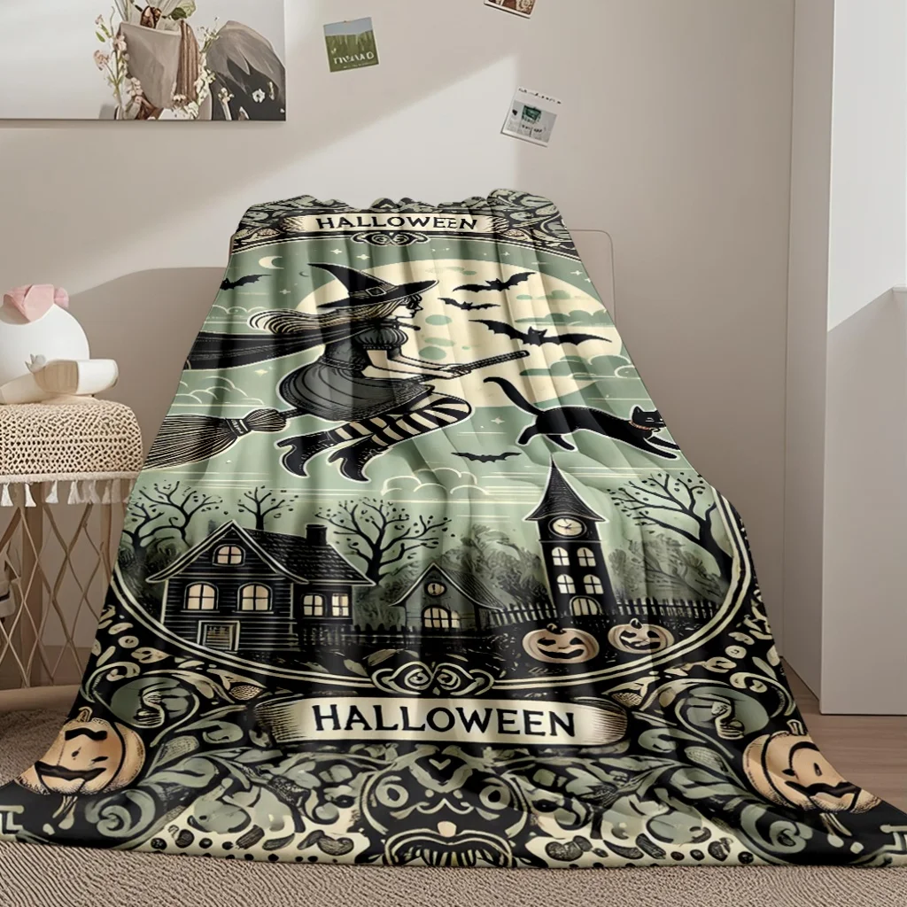 1pc Halloween Night Witch Flying On Broom Flannel Nap Throw Blanket, All Season Versatile Cover for Bed, Sofa, Office & Picnic
