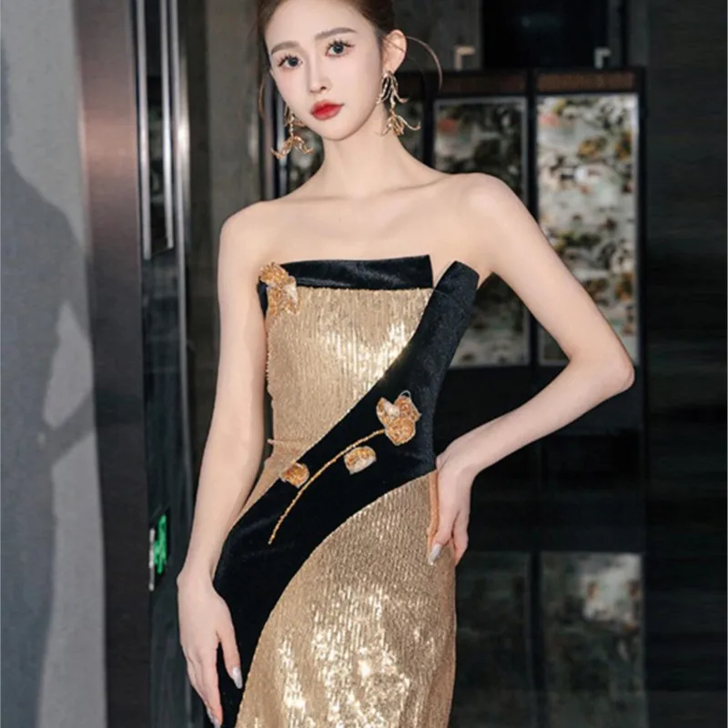 Golden toast dress new style of banquet temperament light luxury sense host wipe chest long