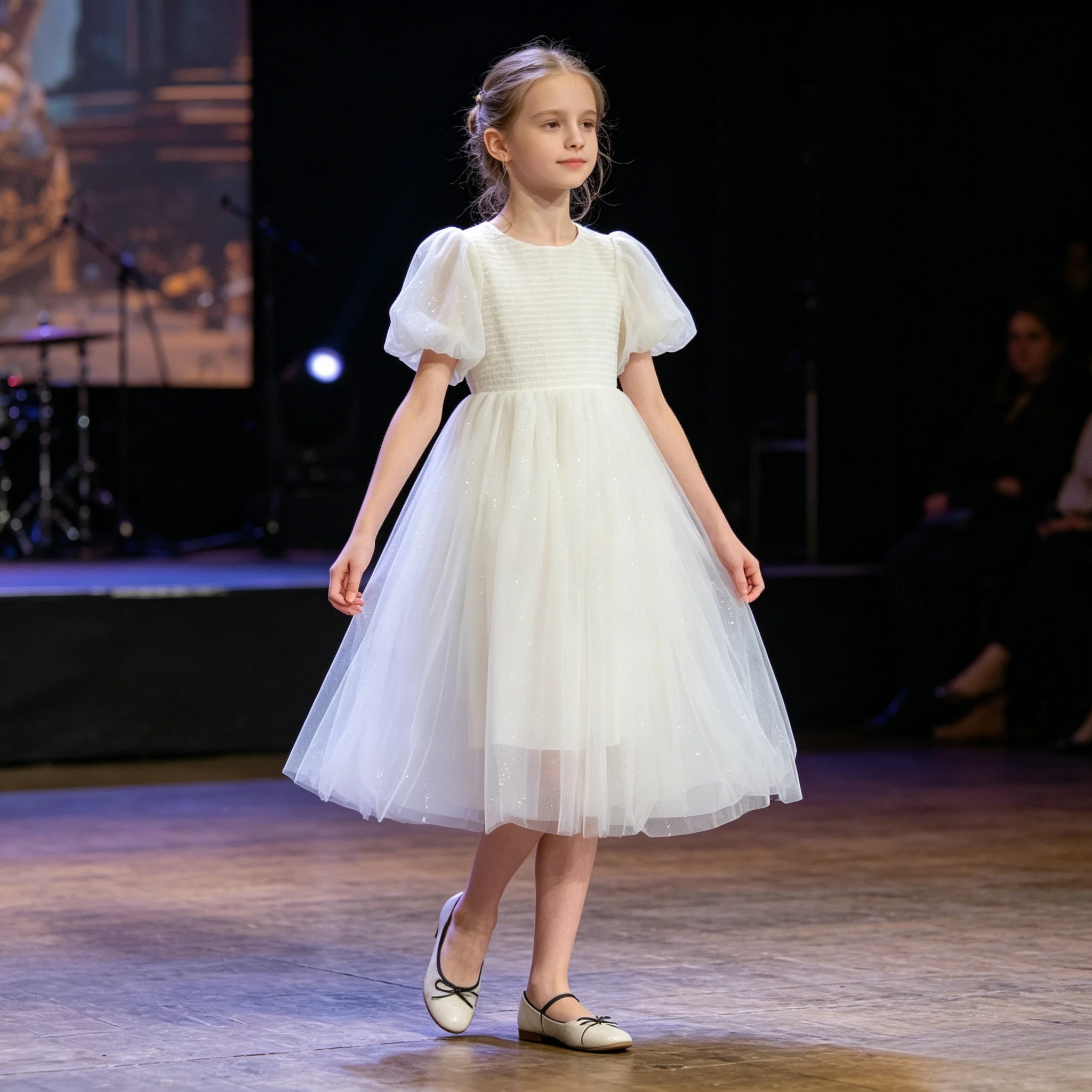 Girls Sparkle Tulle Princess Dress Puff Sleeve Smocked A Line Mid-Length White Party Wedding Flower Girl Casual Daily Kids Dress