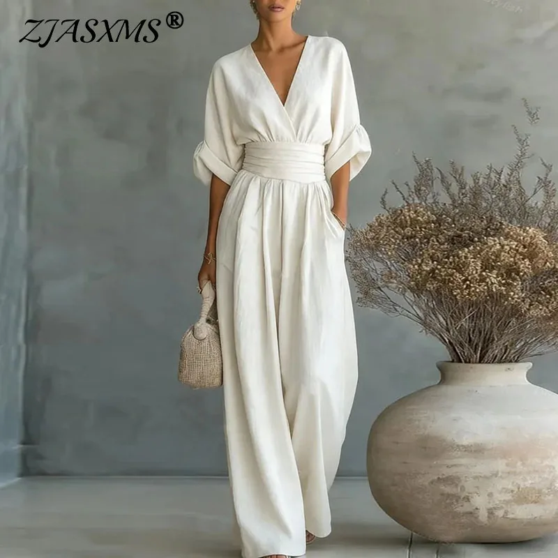 

2026 Spring Deep V Neck Women's Jumpsuits Elegant Solid High Waist Rompers Casual Wide Leg Pants Pocket Overalls Vacation Outfit