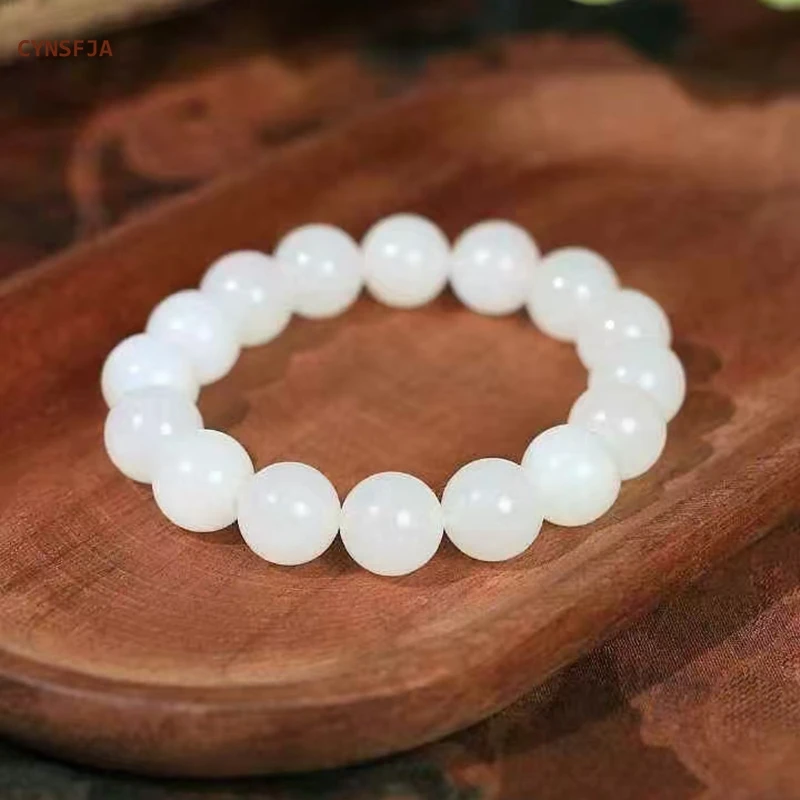 CYNSFJA New Rare Real Certified Natural Hetian Nephrite Mutton-fat Jade Unisex Lucky White Jade Bracelets 12mm Blessing Gifts