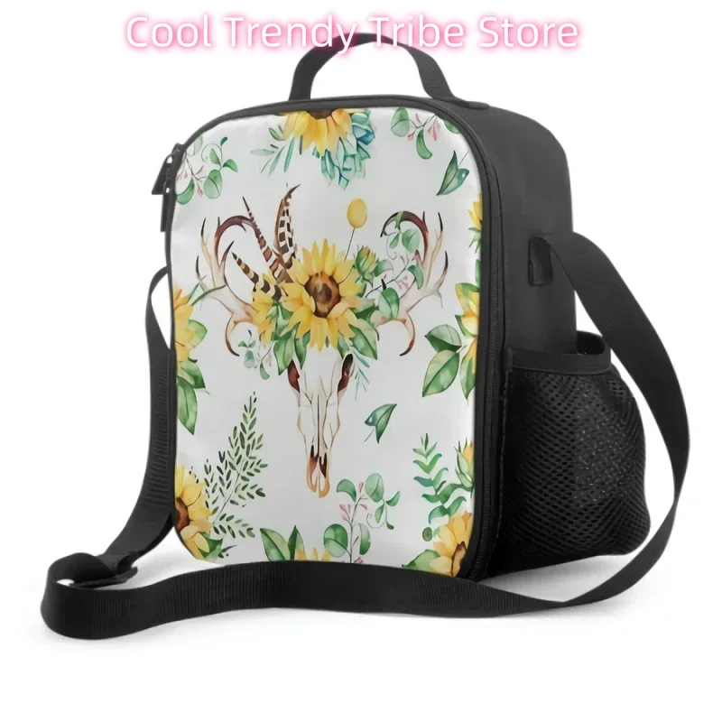 Cow Skull Sunflowers Insulated Thermal Lunch Bags for Kids Boys Girls Washable Tote Crossbody Lunch Container for School Travel