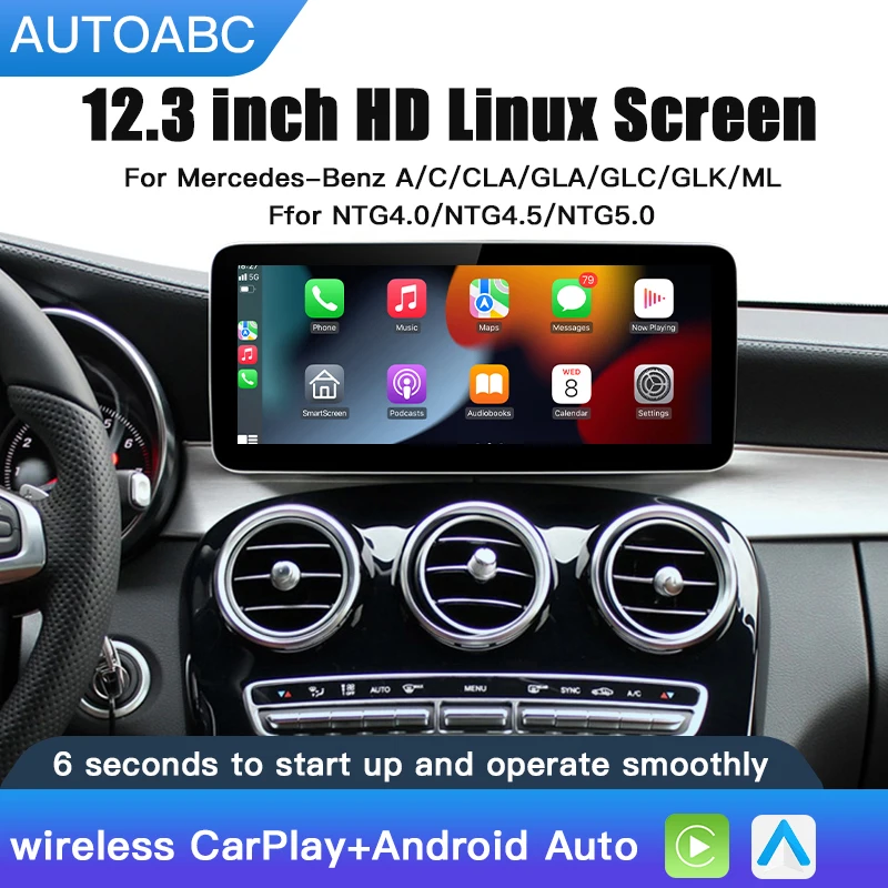 Wireless Carplay/Android Auto 12.3'' Touch screen Multimedia Radio Receiver for Mercedes Benz GLA CLA GLC GLK ML W205 W176 C117