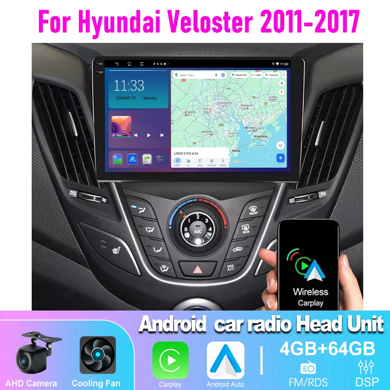 

4-64GB 9" Car Radio For Hyundai Veloster 2011-2017 Wireless CarPlay Android Auto Head Unit FM GPS BT Canbus