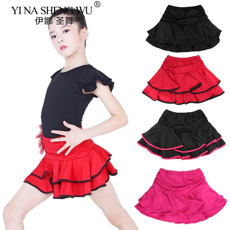 تنورة رقص لاتينية للفتيات فستان رقص سامبا تشا تشا حرير الحليب نصف طول طبقة مزدوجة ممارسة تنورة أداء الرقص