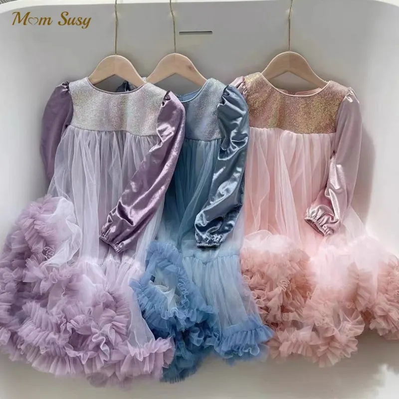 Baby Girl Princess Velvet Tutu Dress Long Sleeve Toddler Child Tulle Vestido Party Birthday Pageant Xmas Baby Clothes 1-10Y