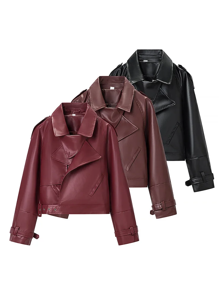 HH Women Fashion Solid Button Turn-down Collar Street Style Coat Women Long Sleeves Casual Pockets Motorcycle Leather Jacket
