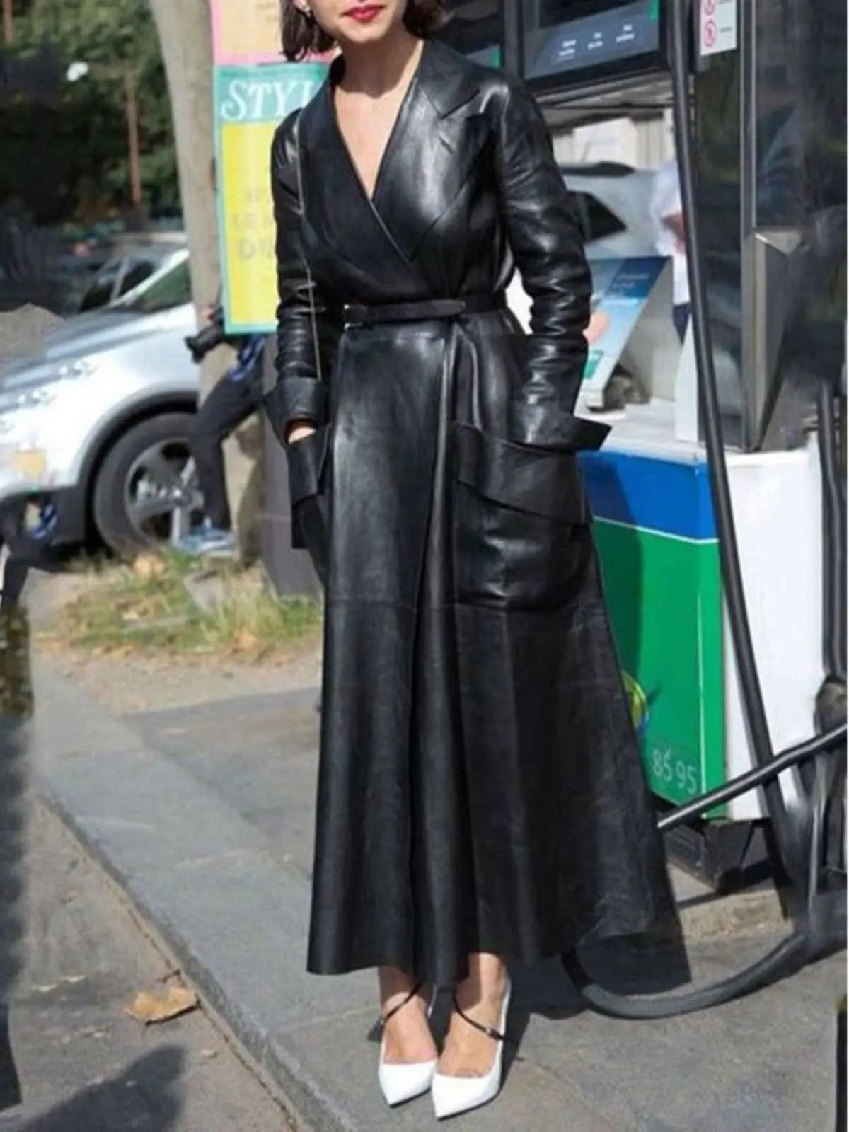 معطف نسائي طويل جداً من الجلد الصناعي بياقة بدلة وحزام، أزياء الشارع العصرية، ماركة أخرى