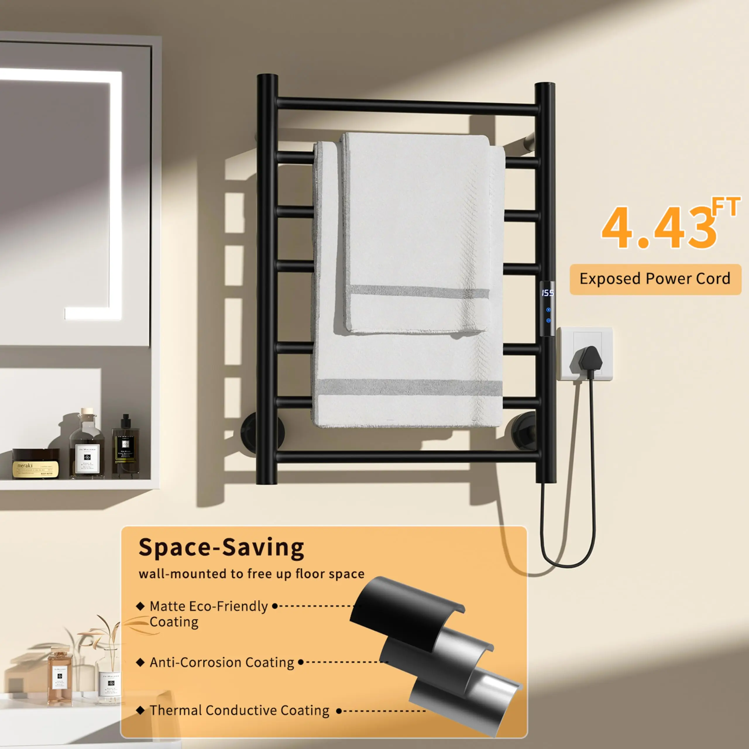 スマートバスルームタオル乾燥機ヒートラック - ブラッシュドゴールド壁掛け式 304ステンレス鋼ラジエーター電気加熱タオルラック