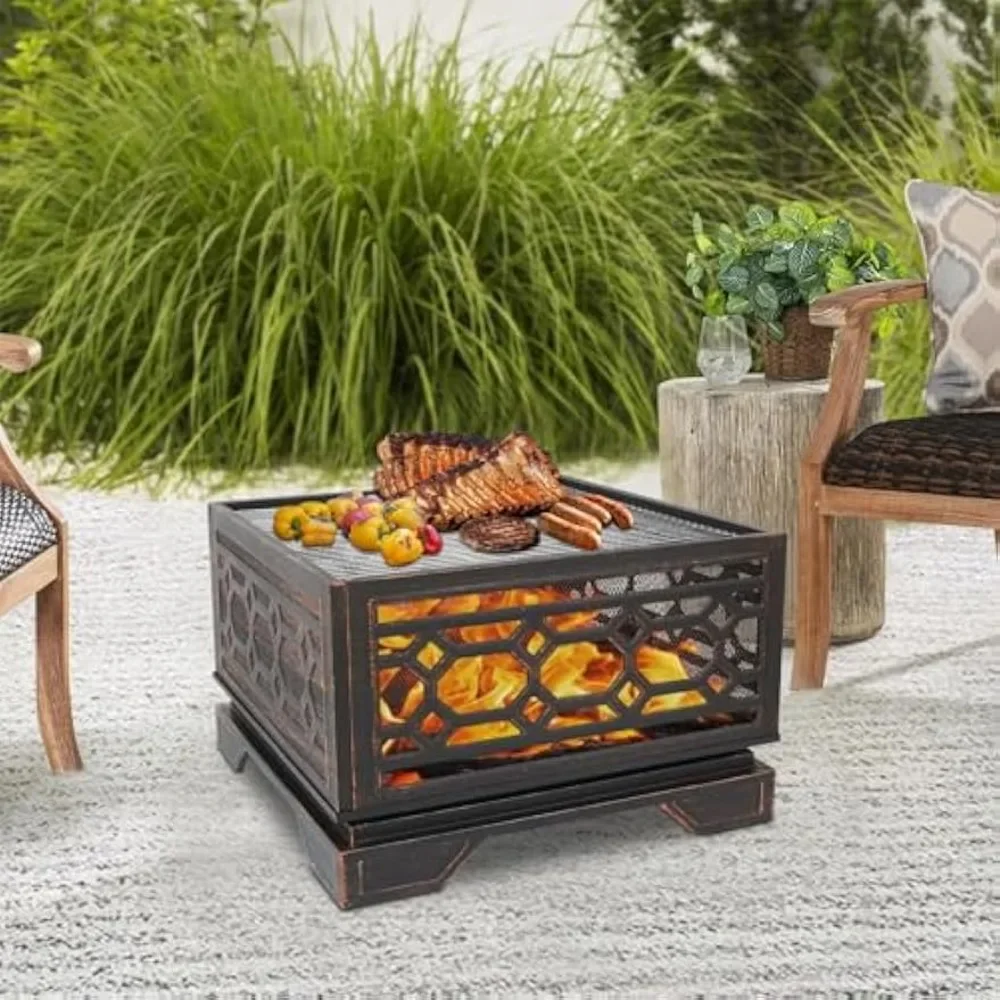 

26 Inch Extra Deep Outdoor Fire Pit, Square Wood Burning Firepits with Fire Poker, Large Bonfire with Cooking Grate