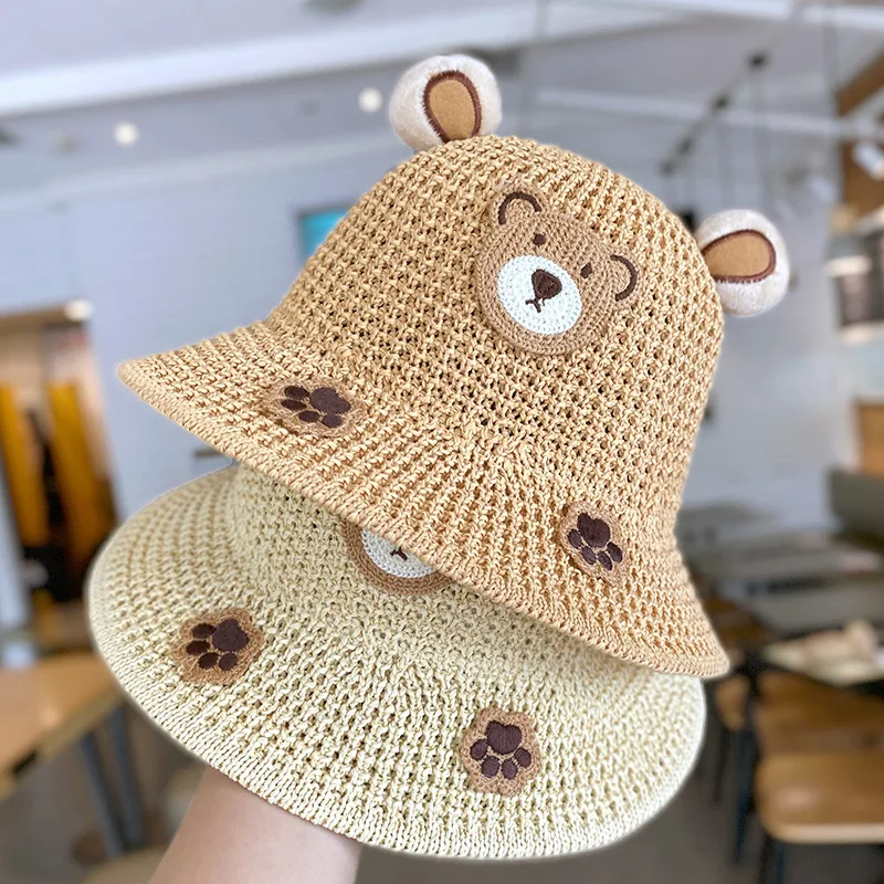 

Модная детская соломенная тканая шляпа, солнцезащитная кепка с медведем, детская складная пляжная шляпа принцессы для девочек, милые детские панамы