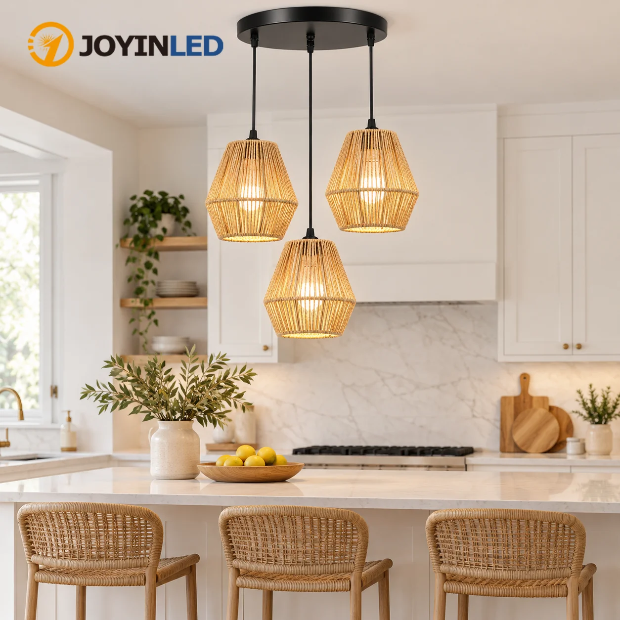 JOYINLED 3-Light Round Rattan Pendant Light Hand Woven Boho Chandelier E27 Wicker Hanging Lamp for Kitchen Island Dining Room