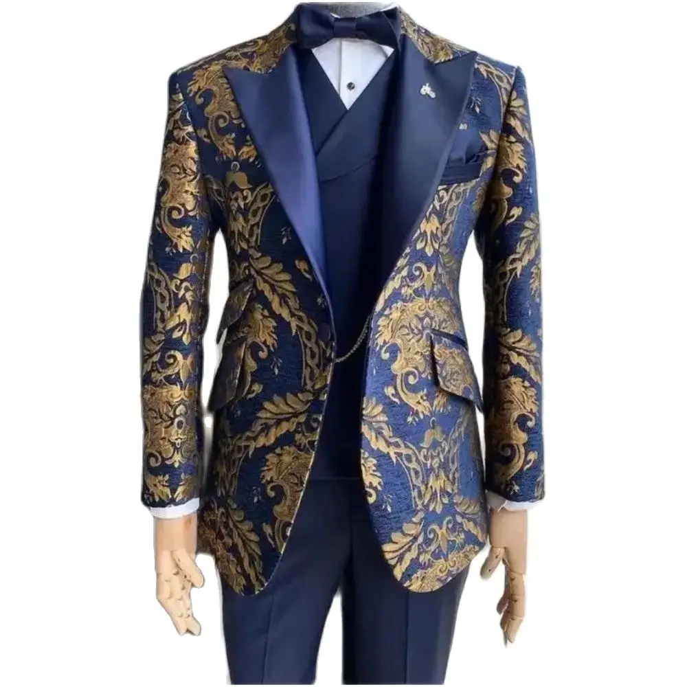 

Jacquard Floral Suits for Men Navy Blue and Gold Tuxedo Wedding Slim Fit Gentleman Jacket with Vest Pant 3 Piece Male Costume