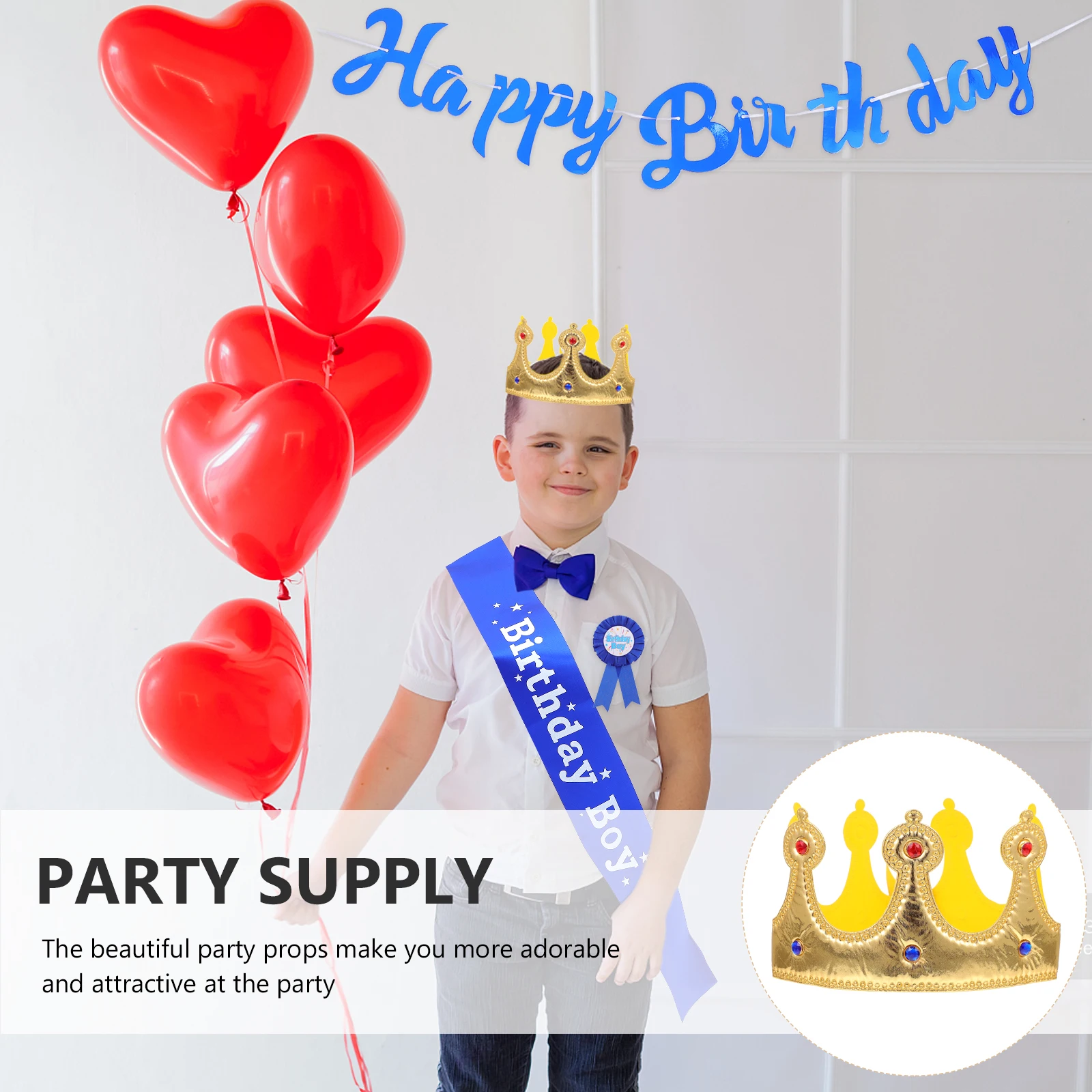 

4pcs Birthday Party Accessories Set Crown Sash Banner For Boys Golden Rhinestones Costume Party Role Play Game Elegant