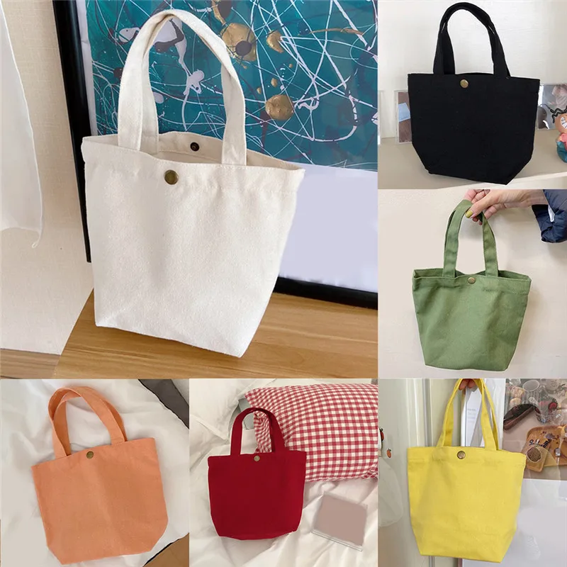 Simple Canvas Bag Women Shoulder Bags Foldable Picnic Pouch Small Tote Black Shopper Large Capacity Student Lunch Box