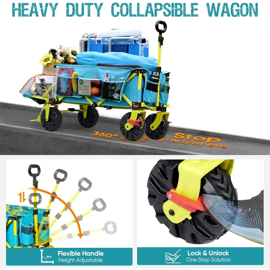 รถเข็นชายหาดขนาดใหญ่พิเศษ 49 ลิตร พร้อมฝาปิดท้าย ล้อใหญ่มีเบรกสำหรับทราย รถเข็นอเนกประสงค์แบบพับได้ รถเข็นชายหาดแบบพับได้สำหรับงานหนัก