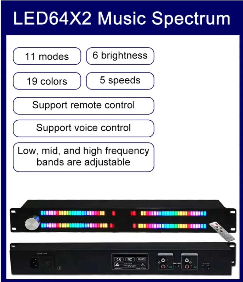 LED64X2 128- Light Emitting Diode Music Spectrum Display Rhythm Light VU Instrument Supports Voice Control and Wired Input