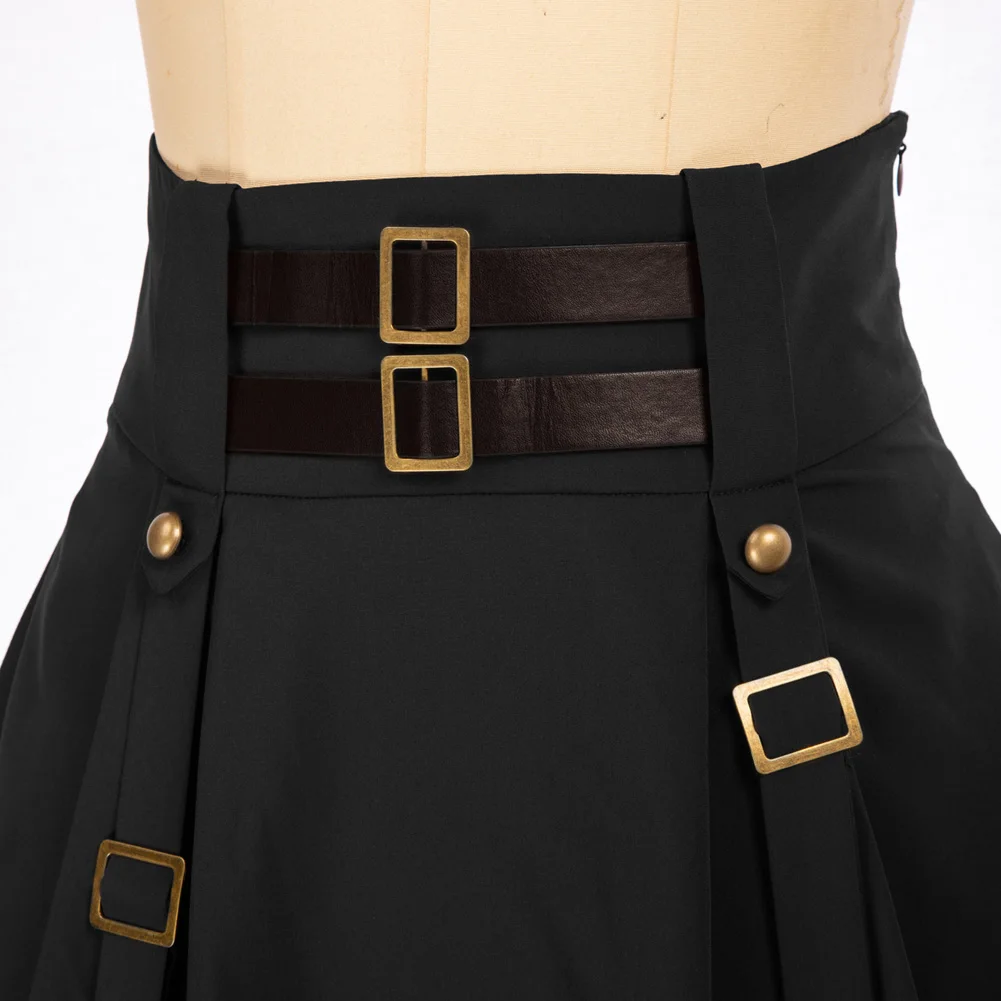 Rok bergaya SD Goth Steampunk, rok A-Line elastis, rok pinggang tinggi, Rok mengembang, rok Punk sabuk dapat disesuaikan