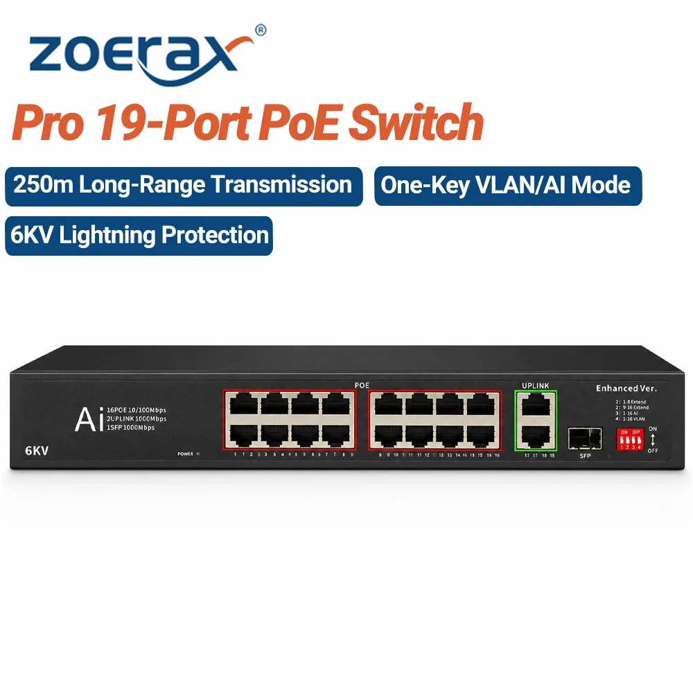 ZoeRax 16-Port POE Network Switch 2 Uplink RJ45 1 SFP Port Ｇigabit 250m Long-Range Vlan AI 6KV Lightning Protection