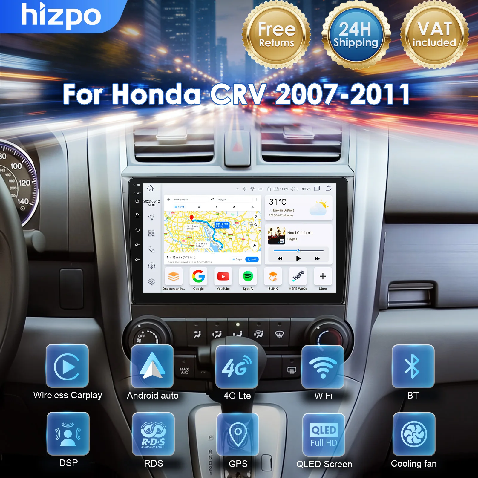 Hizpo Autoradio 9'' per Honda CRV 2007-2011, Lettore Multimediale Auto, Unità Principale Audio Android Auto 2din, Navigatore GPS, AI Vocale, DSP, 8+128G