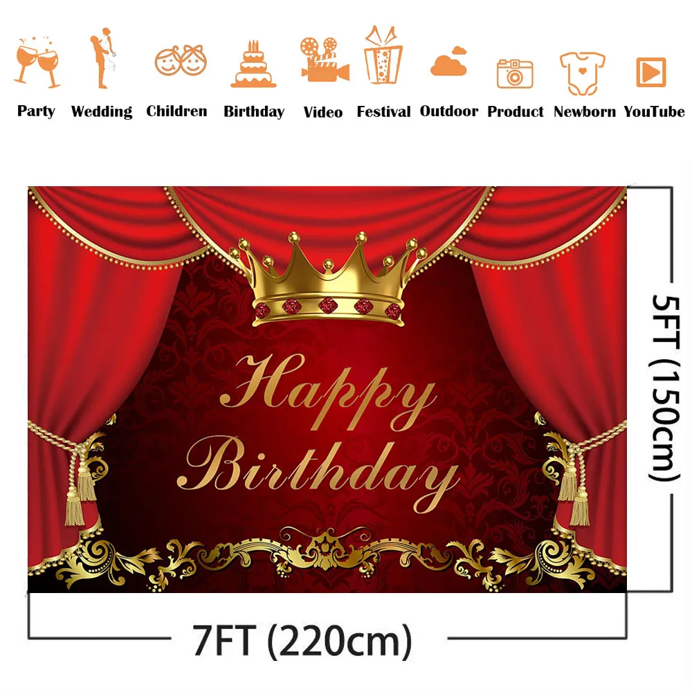 Red Curtain Backdrop for Photography Gold Crown Happy Birthday Photo Background Old Master Texture Portrait Backdrop Photocall