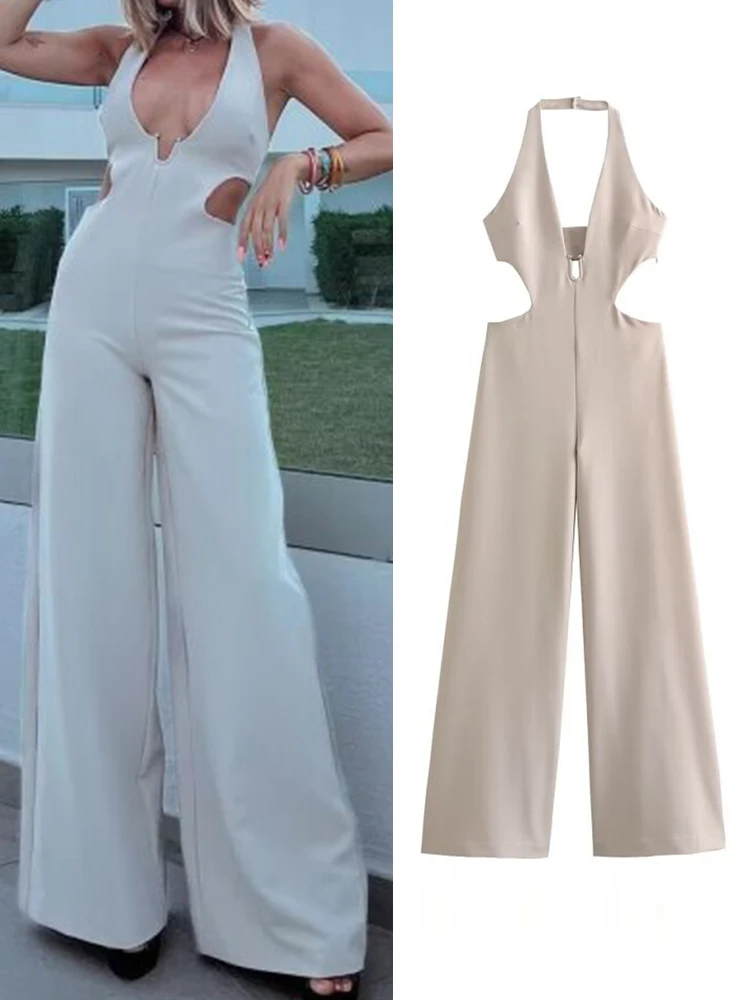 

2024 Women Summer Jumpsuit Overalls Fashion Solid Halter Deep V-Neck Sexy Off shoulder Female Elegant Street Rompers Clothing